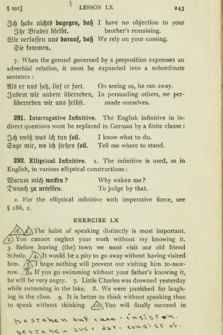 LESSON LX 243
S'cfJ fJa6e nidjt~ bagegen, baf?
.sf)r mruber Ofeiot.
füir tierfajjen un~ barauf, baf?
i2ie fommcn.
I have no objection to your
brother's remaining.
We rely on your coming.
7. 'hen the gerund governed by a preposition expresses an
adverbial relation, it must be expanded into a subordinate
sentence :
fü-$ er unl3 fnf), lief er fort. On seeing us, he ran away.
.Snbem uir nnbere iiuerreben, In persuading others, we per-
üoerreben rnir unl3 fefujt. suade ourselves.
291. Interrogative Infinitive. The English infinitive in in·
direct questions must be replaced in Gerrnan by a finite clause:
.JcfJ ueifi unl3 idj tun foff. I know what to do.
®nge mir, uo id) jtef)en foff. Tell me where to stand.
292. Elliptical Infinitive. 1. The infinitive is used, as in
English, in various elliptical constructions :
$nrum micfJ tuccfcu?
~nnncfJ 5u urtcifen.
Why waken me?
To judge by that.
2. For the elliptical infinitive with imperative force, see
§ 286, 2.
EXERCISE LX
.A.AThe habit of speaking distinctly is most important.
~annot neglect your work without my knowing it.
3. Before leaving (the) town we must visit our old friend
Schulz~It would be a pity to go away without having visited
hirn. / S· I hope nothing will prevent onr visiting him to-mor-
row. 6. If you go swirnrning without your father's knowing it,
he will be very angry. 7. Little Charles was drowned yesterday
while swimming in the lake. 8. We were punished for laugh-
ing in the class. 9. lt is better to think without speaking than
to speak without thinking. 8 You will finally succeed in
r::. ~ S ~ Q... ~~ '<.. ~ v,5f "'- ~ -  '<' c; S ~ „~ ·
~ 'll. ~ - "C>"' ~ ~ c t:> - •
~ e. ":. 'C e... "<'e, ~ 'Ci.. 1..) <.. ~
 