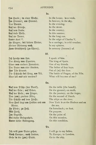 254 APPENDIX
In.
~m ~aufe; tn einer ®odJe.
~ttt .s)immd; am ~immef.
~e~ ~benb~.
~htf ber 0trafie.
~luf bem ~anbe.
~htf biefe ~eiit>.
~luf bie ".Dath'r.
Unter Stad V.
8tt :Wagen; bei faltem 5lf-etter.
::.!Jlrinrr 9JMmrng uad).
3ttttt @ebäd)tnij3 (5u füJren).
Sd) fµredJe uon HJm.
'I'er Slönig uon i.2µa1tirn.
liimr uon meinen ~retmbrn.
5I;er ~a ter uon uirr fürn brn.
Bnr 'riir ~i11an«.
5I;ir edJfad)t bei l_J.rag, nm 9W.
Silla~ foH on~ mir ltmbrn?
2(uf bem l:ifdJe (ber 5.Banf).
%tf ber föbe; auf G:rbrn.
%tf ber ~etfe; am ~inger.
~en (am) 31ucitrn 9JUiq.
~ie 0d)iffe auf bem ~(ufje.
Of.
On.
9cc1u 'J)orf fügt am .s)nbion unb am
9füm.
.Btt 'i~ferb; 5u ~ufi.
9Jlit ~(etjj.
~ttt ~egriffc.
2Jci biefer @etegen~eit.
Unter biefer SBebingung.
SdJ lutU 5um ~ater geTJen.
9lad) G:uroµa; nad) ~onbon.
(]e~e in bie (5ur) 0tabt.
To.
In the house; in a week.
In heaven; in the sky.
In the e·euing.
In the street.
In the country.
In this rnanner.
In the lang run.
In the reign of Charles V.
In a carriage; in col<l weather.
In my upinion.
In memory (honour) uf.
I speak ~f him.
The king of Spain.
One uf my friends.
The father of four boys.
Out of (at) thc Joor.
The battle of Prague, of the Nile.
'hat 'ill hecome of me?
On the table (the bench).
On the ground; on earth.
On the journey; on the finger.
On the second of :larch.
The ships 0 11 the river.
X ew York is on the I-Iudson and on
the sea.
On horseback; on foot.
On purpose.
On the puint of.
On this occasion.
On this condition.
I will go to my father.
T o Europe; to London.
Go to the city.
 