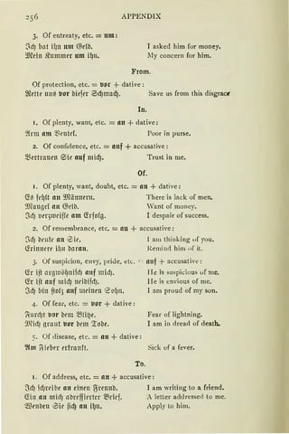 ~s6 APPENDIX
3. Of entreaty, etc. = ltnt:
~dJ bat il)ll um @e!b. I asked him for money.
9Jlein fü1111111er um i!JH. lly concern for him.
From.
Of protection, etc. = uor +dative:
~Mte 1111~ uor biefer 0d)mad). Save US from this disgract'
In.
1. Of plenty, want, etc. = lllt + dative:
~frm lllll ~Brutd. Poor in purse.
2. Of confi<lence, etc. = 11uf + accusative:
~ertrauen ®ie 1111f midJ. Trust in me.
Of.
1. Of plenty, want, doubt, etc. = 111l + dative:
C!l'.I fdJft 1111 9'.Rännern. There is Jack of men.
9J2augd 1111 Gjclb. Want of money.
ScfJ l.Jt'r)lllciffc 11tn C!rfofg. I despair of success.
2. Of remembrance, etc. = 1111 + accusative:
~d) brnfr an 0it'. l am thinking uf you.
lrrinncre ifJll bar1t11. Reminrl him of it.
3. Of suspicion, envy, priJe, de. -c 111tf + accusative:
(fr ijt arg1ulHJ11ifct1 nuf midJ. He is suspidous uf me.
CTr ift attf midJ llt'ibifdJ. He is envious of me.
SdJ hin ftof3 1111f meinen <2ol)lt. I am proud of my son.
4. Of fear, etc. = uor + dative:
'ihrcf)t U!.ll' bcm ~!itJe.
9JlidJ nra11t uor brm '.robe.
5. Of disease, etc. = 1111 + dative:
%n f·il>ber erfranft.
To.
Fear of lightning.
I am in <lrea<l of death.
Siek of a fever.
1. Of address, etc. = an+ accusative :
SdJ )d)rdbe an einrn t5rennb. I am writing to a friend.
fön 1111 111icfJ abrcfficrtcr ~rief. A letter a<ldresserl to me.
Wrnbett 0ie fid) an il.Jn. Apply to him.
 