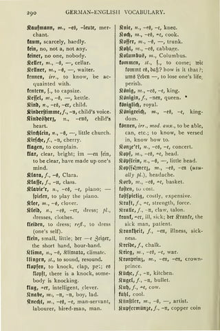 GER.MAN- E:'GLISII VOCABULARY.
~aufmann, m., -e0, -lcutc, mer-
chant.
faum, scarcely, hardly.
fein, no, not a, not any.
feiner, no one, nobody.
Steller, m., -0, - , cellar.
stcllner, m., -0, -, waiter.
fmncn, irr., to know, be ac-
quainted with.
fcntcrn , f., to capsize.
Slcffd, m., -0, -, kettle.
Slinb, n., -c0, -er, child.
.Rinberftimme,j., -n, child's voice.
SHnbc~~cr3, n., -en~, child's
heart.
Stircf)lcin, n., -0, -, little church.
Slirfd)c,j., -11, cherry.
flagcn, to complain.
Uar, clear, bright; im -en fein,
tobe clear, have made up one's
mind.
st(ara, j., -0, Clara.
~(affe, j., -11, class.
g (abic'r, 11., -ca, -e, piano;
fpiefen, to play the piano.
~(ee, 111., -e, clover.
Slleib, n., -eiS, -er, dn:ss; pl.,
dresses, clothes.
f(eillen, to <lress; rejl., to dress
(one's seif).
flcin, small, little; ber -e ßciger,
the short band, hour-hanrl.
.Qlima, 11., -~, Stfimata, climate.
ffi ngcn, st., to sound, resound.
flovfen, to kno~k, clap, p~ :; eß
fCopft, there is a knack, some-
body is knocking.
f(ug , aer, intelligent, .clever.
.Qnnbc, m.-, -n, -n, boy, lad.
~ncd)t, 111., -e0, -e, man-servant,
labourer, hired-man, man.
stnie, n., -~0, -c, knee.
Slod), m., -e0, .lLe, cook.
Sl'offer, m., -0, -, trunk.
Slo~ ( , m., -e0, cabbap;e.
st o(umbu~, m., Columbus.
fommcn, st., f., to come; roi€
fommt c0, bafi? how is it that ?;
um0 ~eben -, to lose one's life,
perish.
Slönig, m., -cß, - c, king.
.Qönigin, j., -nen, queen. •
föni111id), royal.
stöniQrcicf), m., -e0, -e, king-
dom.
fönncn, irr., mod. aux., tobe able,
can, etc.; to know, be versed
in, know how to.
.Qon5c'rt, 11., -c~, -e, concert.
.Qopf' m., -c0, ac, head.
.Qöµf(cin, 11., -0, -, little head.
5lovfi1.!)mcq, m., -e0, -cn (usu-
ally pl.), headache.
.Qorb, 111., -c0, "'-C, basket.
foftcn, tu cost.
foitfViCli!J, costly, expensive.
Straft, j., "'"e, strength, force.
~l rnUc, j., - n, claw, talon.
franf, ....er, ill, sick; ber st'ranfc, the
sick man, patient.
S-l rnnfl)cit, j., -cn, illness, sick-
ness.
.Q reibe, j., chalk.
~lricg, 111., -c~, -c, war.
~tronprin~, 111., -cn, -en, crown-
prince.
Slücf)c, j., - n, kitchen.
Slugd, j., -n, bullet.
$1u~, j., ae, cow.
fü{J(, cool.
,liinftlcr, m., -0, -, artist.
~1uµfcrmün5e, j., -n, copper coin
 