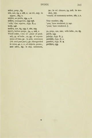INDEX 345
roibcr, prep., 83.
wie, use, 13, 2, 168, 2; as rel., 215; in
appos., 263, 2.
roicbcr, as prefix, 254, 4, n.
wiffen, conjugation, 153-156.
• with,' Ger. equivs., App. B, 4.
Vl'fJl, 248.
ttll'Hcn, use, 64, 159. 6, 160, 179·
Wl'(r), before preps., 74, 4, 208, 2.
'ord order, mies of: place of pred.
adj„ 9; of infin„ 22, 49; of expres-
sions oftime, 30; in prin. sentences
(vb. and past part.), 40; disregarded
inverse, 40, n. 2; of objects, prons„
and advs., 69; in dep. sentences,
•
70; in rel. clauses, 74, 216; in mo-
dals, 172.
•would,' of customary action, 280, l, n.
Year number, 185.
•you,' how rendered, 7, 141.
•your,' how rendered, 7.
3u, prep„ use, 100; with infin., 22, 65·
5uerjt, 249.
3ufl'!ge, App. B, 3.
;uniicf)ft, App. B, 2.
auwibcr, App. B. 2.
5wifcf)en, 133.
 