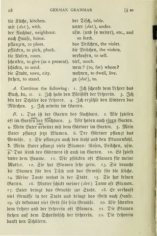 18 GER~IAX GRAJlMAR [§ 20
bie SHid)e, kitchen.
mit (da!.), with.
bcr '.)fodJlinr, neighbour.
nndJ .paufc, home.
µffo113en, to plant.
pffiidcn, to pick, pluck.
bic ~)lojrn, roses.
fdJenfen, to giYe (as a present).
fd)icfen, to send.
bie iStabt, town, city.
ftef)cn, to stand.
ber '.tifd), table.
unter (dat.), under.
uftu. (unb fo lueiter), etc., and
so forth.
ba~ ~eifdJen, the violet.
bie ~eildJen, the violets.
uerfoufen, to sell.
tiieI, much.
wem ? (to, for) whom?
wof)nen, to dwell, live.
3u (dat.), to.
A. Continue the following: 1. SdJ fdJenfe bem ~dJrer ba~
mucf), bu, 2r. 2. SdJ fJnbe ben $feiitift ber ~eIJrerin. 3. 3dJ
bin ber SdJii(er bc~ lel)rer~. 4. SdJ er3äfJ(c bcn Rinbern ba~
~1JfördJen. 5. 3cfJ arbeite im 05nrten.
B. i. :t'n~ ijt ber G;nrten be~ :1(adJbnr~. 2. ~ir fpiden
oft im G;arteübei' ~(ndJbar~. 3. ~~ir fJ11l1en nudJ cjill_11 G;arten.
4. 9füin ~3aterar{1citet mit bem G;iirtner im G;nrtcn. 5. 9Jeein
~atcr pffan5t jct~t mrumcn. 6. 'l::'er G;iirtner pf(an,t btl~
@emiife. 7. 2ic pffnn5e11 nudJ ben S~o!Jl unb ben $fumenfo(JL
~. 9Jkin ~~atcr pflatt3t tiiele $fumcn: ~)lojen, ~~eifdJen, ujlll.
~ :t'n0 5Cinb be~ G;iirtner~ ijt nmfJ im G;nrten. 10. ~~ fpieft
"Inter brm ~numc. 11. ~ir pflfüfen oft ~(umen für meine
mutt;:r. [2. 2ie l)nt ~lmnen fd)r gern. 13. 2ie brnudJt
bfr ~lmnen für brn lifdJ nnb ba~ ~krniije fiir bie StiidJe.
q. ~Jlrinc Ionte rno!11tt in ber 2t11bt. 15. Sie {Jat feinen
G5nrten. 16. :lJhttter fdJicft meiner (dat.) „Tonte oft ~lumen.
1 i· ~ater bringt bn~ (~emiije ~ur 2tnbt. 18. lir tierfouft
uid G,emüfr in ber 2tabt 1111b brin~it bn~ ~klb nadJ .Daufe.
19. lfr befommt tiiel ~ell:l fiir fein G;emüfe. 20. füir fdJenfen
bem ~e~rer unb ber ~e!Jrcritt oft t3(umcn. 21. ~ie ~fumen
jte~en auf bem ~dJreibtiidJ ber l?efJrerin. 2 2. 't'ie .lelJrerin
banft ben 8dJiHern.
 