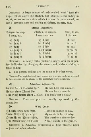LESSON X
ÜBSERVE : A !arge number of 'erbs (called 'weak ') form the
imperfect indicative like mad)ell, but infinitive s·tems ending in
-t, -ll, or consonants after which t cannot be pronounced, in-
sert e between stem and ending (ad1eitcte, regnete, ~c.).
28. Strong Imperfects.
'9ingen, to sing. 5.ßleiben, to remain. '.tun, to do.
I sang, etc. I remained, etc. I did, etc.
id) fang id) bfieb icf) tat
bu fang ft bu bfiebft bu tnt ft
er fang er bfieb er tat
luir fangen luir bfieb en tuir taten
i~r fangt if)r bfübt il)r tntct
fie fangen fie ufieben fie tntcn
ÜBSERVE: 1. lIany verbs (called 'strong ') form the imper-
fect indicative by changing the stem vowel, without aclding a
tense ending.
2. The person endings are the same as in other verbs.
NOTE. -The impf. indic. of such strong and irregular verbs as are used
in the exercises will be given, for the present, in the vocabularies.
29. Adverbial Accusative.
~r ltlar biefen ®ommer fJier. He was here this summer.
6'.r tuar einen 9Jlonat fJier. He was here a month.
'.Va-3 ~Ucf) foftete einen ~offar. The book cost a dollar.
ÜBSERVE : Time and price are usually expressed by the
accusati'e.
30. Word Order.
.SdJ fJa(1e fJeute fein G3efb.
[)(ein metter ift f)ettte f)ier.
~eute ift baß Wetter fdJön.
.Sm ~arten ftel)t ein mmtm.
I have no money to-day.
lIy cousin is here to-day.
The weather is fine to-day.
A tree stands in the garden.
ÜBSERVE: 1. Adverbial expressions of time precede noun
objects and other adverbs.
 