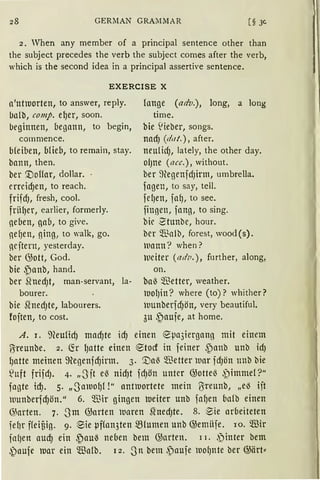 GERllAN GRA~lMAR [§ 3c
2. When any rnernber of a principal sentence other than
the subject precedes the verb the subject cornes after the verb,
which is the second idea in a principal assertive sentence.
EXERCISE X
n'ntluorten, to answer, reply.
balb, comp. elJer, soon.
beginnen, begann, to begin,
commence.
bleiben, bfieb, to rernain, stay.
bann, then.
ber '.tloffar, dollar. ·
crrcid)en, to reach.
frifdJ, fresh, cool.
friif)er, earlier, forrnerly.
neben, gafl, to give.
nef)en, ging, to walk, go.
ncftern, yesterday.
ber G;ott, God.
bie ,Panb, hand.
ber 51ned)t, rnan-servant, la-
bourer.
bie 51ned)te, labourers.
foften, to cost.
lange (adv.), long, a long
time.
bie lieber, songs.
nadJ (dat.), after.
neulidJ, lately, the other day.
O(Jne (acc.), without.
ber ~HegenfdJirm, urnbrella.
fagen, to say, teil.
fclJen, faf), to see.
fingen, fang, to sing.
bie 2tunbc, hour.
ber $nlb, forest, wood(s).
luamt? when?
uciter (adv.), further, along,
on.
baß $etter, weather.
UOI)in? where (to)? whither?
uunberfdJön, very beautiful.
3u ,Pauie, at horne.
A. 1. 9Ceu1id) mad)te icf) einen epa3iergang mit einem
11reunbe. 2. fü IJatte einen ~tod in feiner ,Panb unb idJ
f)atte meinen 9legenfd)inn. 3. 'l)a6 füetter Uar fdJön unb bie
~uft frifdJ. 4. „-3it eß nid)t fdJön unter @otteß 3)immel ?"
fagte id). 5. „Saluof)l !" antluortete mein l}ireunb, „e~ iit
luunberfd)ön." 6. Wir gingen ueiter unb faf)en lia(b einen
~1arten. 7. -3m @arten n:iaren SlnedJte. 8. ®ie arbeiteten
fe~r fleiüig. 9. ®ie µffan3ten ~lumen unb @emiije. rn. Wir
fnl)en aud) ein .f)au~ neben bem G3arten. i 1. ,')inter bem
3)aufe ltJar ein füalb. 12. -3n bem ,Paufe uo(Jnte ber @ärt::
 
