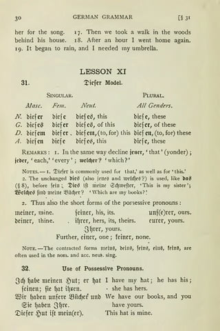 GERl1AN GRAMMAR [§ 31
her for the song. 1 7. Then we took a walk in the woods
behind his house. 18. After an hour I went home again.
19. lt began to rain, and I needed my umbrella.
LESSON XI
31. '!'iefer Model.
SINGULAR. PLURAL.
.Alasc. Fem. Neu/. All Genders.
N biefer ·biefc bief e~, this bief e, these
G. biefe~ biefer bief e~, of this biefer, of these
D. biefcm bief er • biefem,(to, for) this bief cn, (to, for) these
A. biefett biefe birfe~, this birfc, these
RElIARKS: 1. In the same way decline jener, 'that' (yonder);
jeber, ' each,' 'every ' ; 1ucfd1er? ' which?'
NOTES.- I. ~iefer is commonly used for that,' as well as for 'this.'
2. The unchanged bie~ (also jme{l and uddje{I ?) is used, like ·ba~
(§ 8), before fein:. ~ie~ ift 1i1d11e ~d)tieftcr, 'This is my sister ';
Wcfd)e~ finb meine ~iid)rr? 'Which are my books? '.
2. Thus also the short forms of the po~sessive pronouns :
meiner, mine. feiner, his, its. unf(e)rer, ours.
beiner, thine. , ifJrer, hers, its, theirs. eurer, yours.
.3f)l'er, yours.
Further, einer, one; feiner, none.
NoTE. -The contracted forms mein~, bein~, feint, ein~, fein{I, are
often used in the nom. and acc. neue. sing.
32. Use of Possessive Pronouns.
.ScfJ qabe meinen 4'ut; er qat
feinen; fie qnt ifJ~en.
5ffiir qnben unfere mncf)d unb
eie f)nben zrfJrC.
'.Diefer ~ut ift mein(er).
I have my hat; he has his;
· she has hers.
'Ve have our books, and you
have .yours.
This hat is mine.
 