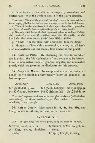 GERMAN GRA:IMAR [§ 34
2. Feminines are invariable in the singular; masculines and
neuters take -c~ in the genitive and -c in the dative singular.
NoTES. - I. The C of the gen. and dat. sing'. is usual in monosyllables,
ess so in polysyllables, but Cof the gen. is always retainecl after final~ sound.
2. The c of the dat. sing. is omitted when a prep. immediately precedes:
an~ .l)ot,, 'of wood '; but exceptionally, 311 .l)anfc, naci, .l)aufc.
3. Nouns in -ni~ double the last consonant before an encling: 5Scjorg~
ni~, 'anxiety,' gen. sing. ~eforgniffctl, nom. plur. 5Scforgniffe; so also
t =ff after short stem vowel: ß=fn~, 'river,' ~htffctl, ß=tiiffc.
3. All a<ld -c in the plural with additional -tt in the dative.
4. liany mascnlines with stem-vowel a, o, u, 1111, and all femi-
nine monosyllables of this moclel, take umlaut in the plural.
34. Essential Parts. By observing the case forms which
are identical, the full declension of any noun may be inferred
from the nominative singular, genitive singular, and nominative
plural, which are given in the dictionary for this purpose.
35. Compound Nouns. In compoun<l nouns the last com-
ponent only is <leclined; they usually follow the gender of the
last component:
Nom. Sing. Gen. Sing.
ber ,~lrnbjdJUf), glove. be'3 ,~anbfdJttf) (c)~
ber Dflftbaum, fruit-tree. be{ Dbftflaum (c)~
Nom. Plur.
bie .panbfd)ufJe
bie Dbftbäumc
NOTE. - Compounds with -mann have as plur. -männcr (indivicluals or
occupations), or -tcntc (collectively): etaatilmänncr, 'statesmen ';
fönbtcntc, 'country-people.'
36. Rule of Gender. lIost nouns in -id), -ig, -ing, -fing, and
foreign nouns in -111, -1111, -11r, -icr, -or are masculine.
EXERCISE XIII
1V.B. The gen. sing. fern. is not gi·en, being the same as the nom.
ber ~(rm, -(e)i, -e, arm.
ber %·3t, -e~, ue, physician,
doctor.
{1efommen, befom, to get, re-
ceive.
bringen, brndJte, to bring.
 