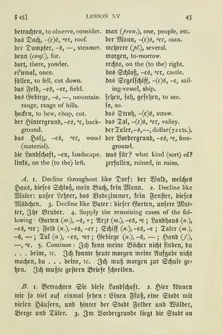§ 45] LESSON XV 45
betradJten, to observe, consider.
bo~ '.UodJ, -(c)l3, "er, roof.
brr ~omµfer, - ß, - , steamer.
benn (conj.), for.
bort, there, yonder.
ei'nmo(, once.
fäffen, to fell, cut down.
bal3 ITefb, -e~, -er, field.
baß @ebirgc, -~, - , mountain-
range, range of hills.
lJocfen, to hew, chop, cut.
ber ,~intergntnb, - el3, lle, back-
ground.
boß ~0(3, -eß, uer, wood
(material).
bie ~anbfdJaft, -en, landscape.
1infl3, on the (to the) left.
mnn (pron.), one, people, etc.
ber ~)fonn, -(e)l3, uer, man.
mdJrcre (pi.), several.
morgen, to-morrow.
red)t~, on the (to the) right.
ba'3 e:dJfo§, -el3, ucr, castle.
baß ecgeffdJiff, -(c)~, -e, sail-
ing-vesse], ship.
fdJen, fofJ, gefcfJen, to see.
fo, so.
baß ~trofJ, -(e)~, straw.
bol3 '.tof, -(c)ß, ucr, valley.
ber '.tafer,-ß,-, dollar(72 cts.).
bcr 5ßorbergrunb, -e~, ue, fore·
grounci.
uaß fiir? what kind (sort) of?
3erfaffen, ruined, in ruins.
A. r. Decline throughout like '.Dorf: ber 5ffia(b, t1efc(Je~
~auß, biefeß 8dJfo3, mein SSudJ, fein 9Jfonn. 2. Decline like
[)(ofer: unfer s.'.efJrer, baß mabc3immer, fein ITenfter, biefeß
9JCäbcf)en. 3. Decline 1ike 5ßater: biefer 0Jarten, unfere i'JJ(ut==
ter, .SfJr mruber. 4. Supp1y the remaining cases of the fol-
1owing. G3arten (111.), -ß, II; ~fr3t (m.), -e~, ue; ~anbf)Ultß (n.),
-e~, uer; (Yelb (n.), - eß, -er; edJiff (n.), -e~, -e ; '.J:afer (m.),
-~, - ; '..ta( (n.), -e~, uer; G3ebirge (11.), -~, - ; ,ponb (/.),
-, ue. 5. Continue: 3-dJ fann meine miicf)cr nicf)t fhtben, bu
... beine, 2c. .Sc() fonnte fJeute morgen meine ~(ufgabe nidJt
macf)en, bu ... beine, 2c. .Sc() muß morgen 3ur e:dJufe ge==
~en. .Sc() muüte geftern SSriefe fcfJreioen.
B. 1. metrodJten e:ie biefe ~anbfdJaft. 2. ~ier fönnen
iuir fo bief auf einmal fefJen: (Einen ßfu§, eine ®tabt mit
biefen ~äufern, unb fJinter ber ®tobt ßefber unb 5ffiäfber,
SSerge unb '.J:äfer. 3. .Sm 5ßorbergrunbe Hegt bie Etabt an
 