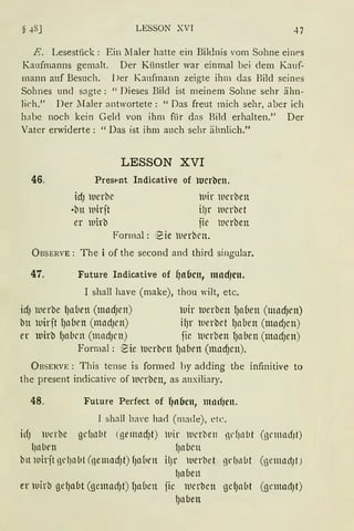 LESSON XVI 47
E. Lesestück: Ein :Maler hatte ein Bildnis vom Sohne eines
Kaufmanns gemalt. Der Künstler war einmal bei dem Kauf-
mann auf Besuch. J)er Kaufmann zeigte ihm das Bild seines
Sohnes und sagte: "Dieses Bild ist meinem Sohne sehr ähn-
lich." Der lIaler antwortete: "Das freut mich sehr, aber ich
habe noch kein Gelrl von ihm für das Bild erhalten." Der
Vater erwiderte: "Das ist ihm auch sehr ähnlich."
46.
LESSON XVI
Pres~nt Indicative of )UCl"l'lcn.
idJ werbe
·btt lt'irjt
er ltiirb
111ir lucrben
ilJr 111crbet
jie lucrben
Formal: 12ie lnerbrn.
ÜBSERVE: The i of the second and third singular.
47. Future Indicative of f106cn, lllOctJCll.
I shall have (make), thou '"ilt, etc.
id) luerbe l)aben (mndJen) luir uerben fJa(1en (mnd)ett)
bn luirjt lJnben (nrnd)cn) if)r lverbet lJaben (mnd)cn)
er 1uirb l)nÜcn (mndJcn) fie lvcrben lJaben (mnd)en)
Formal : '2ie lucrbcn l)nben (mndJcn).
ÜBSERVE: This tense is formed hy adding the infinitive to
the present indicative of werben, as auxiliary.
48. Future Perfect of lJtl6cn, llhHiJCll.
irfJ ltlcrbc
!Jnl.Jrn
l shall h~we harl (made), etc.
gc{)nlit (ßt'llllld)t) lllir lllCl'belt !l'f)nbt (gl'llllldJt)
IJafJcn
bu luirit gd)nbt (geurnd)t) f)nCien il)r lllerbd ßd)llllt (gemndJtJ
lJll ben
er lllirb gd)nl.Jt (gcmarfJt) lJnbcn jic luerbcn gcf)abt (gcmnd)t)
lJnben
 