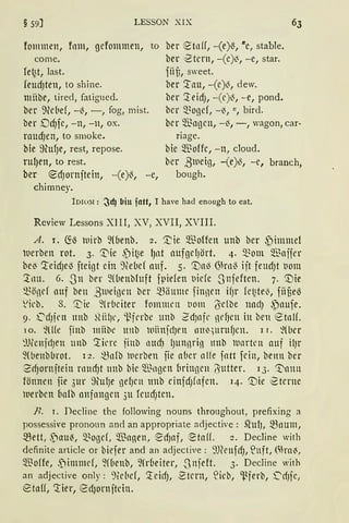 § 59] LESSON XIX
fommen, fnm, gefommen, to
come.
fe~t, last.
feudJten, to shine.
mitbe, tired, fatigued.
ber ~.l(ebef, -~, -, fog, mist.
ber Dcf)fc, -n, -11, ox.
raudJen, to smoke.
bie 9htf)e, rest, repose.
ru1Jen, to rest.
ber ~dJornftein, -(e)~, -e,
chimney.
ber etnff, -(e)~, ire, stable.
ber etern, -(e).;:., -e, star.
füt, sweet.
ber '.tau, -(e)~, dew.
ber '.1eid), -(c)~, -e, pond.
bcr ~~ogcf, -~, ", bird.
ber 'lßngcn, -.;:., -, wagon, car-
riage.
bie ~"Boffc, -n, cloud.
ber ßweig, -(e)~, -e, branch,
bough.
lDW:T: ~cf) bin fatt, I have had enough to eat.
Review Lessons XIII, XV, XVII, XVIII.
A. I. 6:13 wirb 2lbenb. 2. 'l:'ie $offen unb ber .f)imme1
uerben rot. 3. ~ie ,')i~e l)nt aufgelJört. 4. ~om $njjer
be~ '.teidJel3 fteigt ein ~)(ebef auf. 5. [)a~ 6~rn{ ift feudJt tiom
~nu. 6. -311 ber ~(benbluft fpiefen tiicfc .Snfeften. 7. '.Die
~öncf nuf ben ßwei13en ber ~fömne finnen ifJr fe~te~, füfie'3
~icb. s. 'l;ic ~(rbciter fommen tiom (}ielbe nadJ ,Paufe.
9. ~dJirn ltnb ~tiil)l', i~frrbc unb ~dJnfe ndJen in ben etnlf.
10. ~llfe finb mitbc mtb uiinfdJen lllti')UntfJcn. l r. ~(bcr
~1Jt'enjdJen unb '.tfrre finb nmiJ lJunnrin unb unrtcn auf ilJr
~(benbbrot. 12. ~nfb werben fie nbcr nlfe fntt fein, benn ber
ZdJornftein nrndJt nnb bic Q.~ngen bringen (}iutter. lJ. ~mtn
fönnen fie 311r 9tUlJe ßelJCll ltllb cinfdJfafen. 14· [)ie 8terne
Derben bafb nnfnngen 3u feudJten.
R. T. Decline the following nouns throughout, prefixing a
possessive pronoun and an appropriate adjective: .~U{J, ~num,
mett, ,Dau~, ~~ogef, ~ßnAen, ~dJnf, ~taff. 2. Decline with
definite article or biefer and an adjective: 9J(enfcfJ, ~nft, 6~ra~,
~'ßoffe, .iimmcf, ~(benb, 2(r(ieiter, -3nfeft. 3. Decline with
an adjective only: 9!ebef, ~eidJ, 2tcrn, ~ieb, 'flerb, s:'dJfe,
etaff, ~ier, '2d)ornftcin.
 
