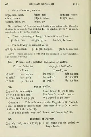 66 GER~IAN GRAl11IAR (§ 63
2. Verbs of motion, such -as :
begegnen, meet.
eHen, hasten.
fal)ren, drive, etc.
faHen, fall.
fofgen, follow.
gel)rn, go.
fommen, come.
faufen, run.
NuTE.- Some of these also admit ~nbcn when action rather than des-
tination is expressed: '.T't•r Shttd)l'r ~at 311 fd)ltell geia~reu, 'The coach-
man has been driving tou quickly.'
3. Those expressing a change of condition, such as:
jter6en, die. luadJfett, grow. 1uerben, become.
4. The following impersonal verbs:
gefingen, succeed. grfdJefJen, happen. gfiicten, succeed.
NOTE.- Verbs conjugated with fein are in<licated in the vocabularies
and dictionary by Cf.).
63. Present and Imperfect Indicative of ttJolfen.
Pn-se11 I fJl(ficatiz•e.
idJ 1ui((
bn 111i1lft
er 1t1W
I will, etc.
1uir 1uofkn
if1r 1uo(ft
fie 1t10Hcn
Jmpe1fect Indicative.
I would, etc.
icfJ 1uoffte 1uir 1uofften
btt ltloffteft if)r 1u0Htet
er 1t1offte fie 1nofftrn
64. Use of luuUcu.
0dJ 1t1Hf f1cute a(1reijen.
lir 1ui1f nidJt fommen.
§ir 1u0Hten bnf)in gel)en.
I will (mean to) go to-day.
He doesn't inlend to come.
We wanted to go there.
ÜBSERVE: r. This verb renders the English 'will,' 'woulrl,'
when the latter expresses rnore than mere futurity (an exertion
of the will of the subject).
2. lt often eq11als 'want to,' 'intend to,' 'mean to,' etc.
65. Infinitive of Purpose.
Jd) gef)c au~, Uut ein mucf) ßU l am going out (in order) to
foufcn. buy a book.
 