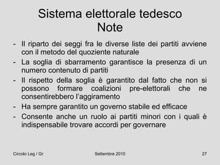 Sistema elettorale tedesco Note Il riparto dei seggi fra le diverse liste dei partiti avviene con il metodo del quoziente naturale  La soglia di sbarramento garantisce la presenza di un numero contenuto di partiti Il rispetto della soglia è garantito dal fatto che non si possono formare coalizioni pre-elettorali che ne consentirebbero l’aggiramento Ha sempre garantito un governo stabile ed efficace Consente anche un ruolo ai partiti minori con i quali è indispensabile trovare accordi per governare 
