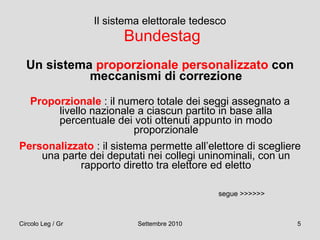 Il sistema elettorale tedesco  Bundestag Un sistema  proporzionale personalizzato  con meccanismi di correzione Proporzionale  : il numero totale dei seggi assegnato a livello nazionale a ciascun partito in base alla percentuale dei voti ottenuti appunto in modo proporzionale Personalizzato   : il sistema permette all’elettore di scegliere una parte dei deputati nei collegi uninominali, con un rapporto diretto tra elettore ed eletto segue >>>>>> 