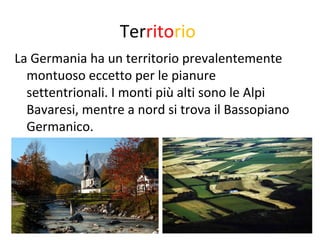 Territorio 
La Germania ha un territorio prevalentemente 
montuoso eccetto per le pianure 
settentrionali. I monti più alti sono le Alpi 
Bavaresi, mentre a nord si trova il Bassopiano 
Germanico. 
 