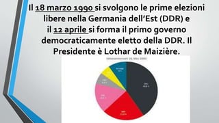 Il 18 marzo 1990 si svolgono le prime elezioni
libere nella Germania dell’Est (DDR) e
il 12 aprile si forma il primo governo
democraticamente eletto della DDR. Il
Presidente è Lothar de Maizière.
 