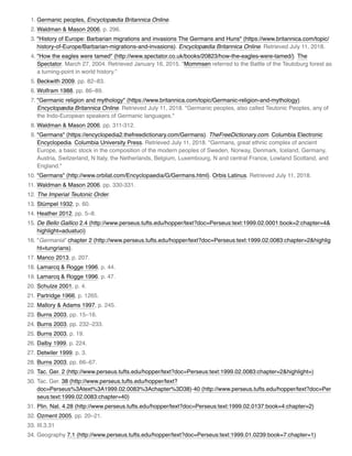 1. Germanic peoples, Encyclopædia Britannica Online.
2. Waldman & Mason 2006, p. 296.
3. "History of Europe: Barbarian migrations and invasions The Germans and Huns" (https://www.britannica.com/topic/
history-of-Europe/Barbarian-migrations-and-invasions). Encyclopædia Britannica Online. Retrieved July 11, 2018.
4. "How the eagles were tamed" (http://www.spectator.co.uk/books/20823/how-the-eagles-were-tamed/). The
Spectator. March 27, 2004. Retrieved January 16, 2015. "Mommsen referred to the Battle of the Teutoburg forest as
a turning-point in world history."
5. Beckwith 2009, pp. 82–83.
6. Wolfram 1988, pp. 86–89.
7. "Germanic religion and mythology" (https://www.britannica.com/topic/Germanic-religion-and-mythology).
Encyclopædia Britannica Online. Retrieved July 11, 2018. "Germanic peoples, also called Teutonic Peoples, any of
the Indo-European speakers of Germanic languages."
8. Waldman & Mason 2006, pp. 311-312.
9. "Germans" (https://encyclopedia2.thefreedictionary.com/Germans). TheFreeDictionary.com. Columbia Electronic
Encyclopedia. Columbia University Press. Retrieved July 11, 2018. "Germans, great ethnic complex of ancient
Europe, a basic stock in the composition of the modern peoples of Sweden, Norway, Denmark, Iceland, Germany,
Austria, Switzerland, N Italy, the Netherlands, Belgium, Luxembourg, N and central France, Lowland Scotland, and
England."
10. "Germans" (http://www.orbilat.com/Encyclopaedia/G/Germans.html). Orbis Latinus. Retrieved July 11, 2018.
11. Waldman & Mason 2006, pp. 330-331.
12. The Imperial Teutonic Order.
13. Stümpel 1932, p. 60.
14. Heather 2012, pp. 5–8.
15. De Bello Gallico 2.4 (http://www.perseus.tufts.edu/hopper/text?doc=Perseus:text:1999.02.0001:book=2:chapter=4&
highlight=aduatuci)
16. "Germania" chapter 2 (http://www.perseus.tufts.edu/hopper/text?doc=Perseus:text:1999.02.0083:chapter=2&highlig
ht=tungrians).
17. Manco 2013, p. 207.
18. Lamarcq & Rogge 1996, p. 44.
19. Lamarcq & Rogge 1996, p. 47.
20. Schulze 2001, p. 4.
21. Partridge 1966, p. 1265.
22. Mallory & Adams 1997, p. 245.
23. Burns 2003, pp. 15–16.
24. Burns 2003, pp. 232–233.
25. Burns 2003, p. 19.
26. Dalby 1999, p. 224.
27. Detwiler 1999, p. 3.
28. Burns 2003, pp. 66–67.
29. Tac. Ger. 2 (http://www.perseus.tufts.edu/hopper/text?doc=Perseus:text:1999.02.0083:chapter=2&highlight=)
30. Tac. Ger. 38 (http://www.perseus.tufts.edu/hopper/text?
doc=Perseus%3Atext%3A1999.02.0083%3Achapter%3D38)-40 (http://www.perseus.tufts.edu/hopper/text?doc=Per
seus:text:1999.02.0083:chapter=40)
31. Plin. Nat. 4.28 (http://www.perseus.tufts.edu/hopper/text?doc=Perseus:text:1999.02.0137:book=4:chapter=2)
32. Ozment 2005, pp. 20–21.
33. III.3.31
34. Geography 7.1 (http://www.perseus.tufts.edu/hopper/text?doc=Perseus:text:1999.01.0239:book=7:chapter=1)
 