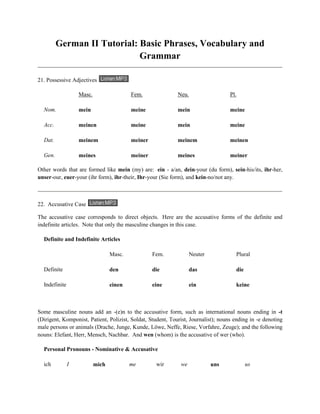 German II Tutorial: Basic Phrases, Vocabulary and
Grammar
21. Possessive Adjectives
Masc. Fem. Neu. Pl.
Nom. mein meine mein meine
Acc. meinen meine mein meine
Dat. meinem meiner meinem meinen
Gen. meines meiner meines meiner
Other words that are formed like mein (my) are: ein - a/an, dein-your (du form), sein-his/its, ihr-her,
unser-our, euer-your (ihr form), ihr-their, Ihr-your (Sie form), and kein-no/not any.
22. Accusative Case
The accusative case corresponds to direct objects. Here are the accusative forms of the definite and
indefinite articles. Note that only the masculine changes in this case.
Definite and Indefinite Articles
Masc. Fem. Neuter Plural
Definite den die das die
Indefinite einen eine ein keine
Some masculine nouns add an -(e)n to the accusative form, such as international nouns ending in -t
(Dirigent, Komponist, Patient, Polizist, Soldat, Student, Tourist, Journalist); nouns ending in -e denoting
male persons or animals (Drache, Junge, Kunde, Löwe, Neffe, Riese, Vorfahre, Zeuge); and the following
nouns: Elefant, Herr, Mensch, Nachbar. And wen (whom) is the accusative of wer (who).
Personal Pronouns - Nominative & Accusative
ich I mich me wir we uns us
 
