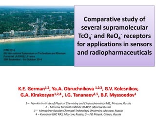Comparative study of 
several supramolecular 
TcO4 
for applications in sensors 
and radiopharmaceuticals 
. 
‐ and ReO4 
‐ receptors 
K.E. German1,2, Ya.A. Obruchnikova 1,2,3, G.V. Kolesnikov, 
G.A. Kirakosyan1,2,4 , I.G. Tananaev1,5, B.F. Myasoedov1 
1 – Frumkin Institute of Physical Chemistry and Electrochemistry RAS, Moscow, Russia 
2 – Moscow Medical Institute REAVIZ, Moscow Russia 
3 – Mendeleev Russian Chemical Technology University, Moscow, Russia 
4 – Kurnakov IGIC RAS, Moscow, Russia; 5 – PO Mayak, Ozersk, Russia 
 