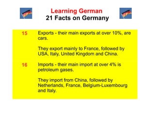 Learning German
21 Facts on Germany
15

Exports - their main exports at over 10%, are
cars.
They export mainly to France, followed by
USA, Italy, United Kingdom and China.

16

Imports - their main import at over 4% is
petroleum gases.
They import from China, followed by
Netherlands, France, Belgium-Luxembourg
and Italy.

 