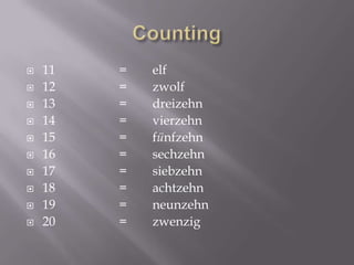 











11
12
13
14
15
16
17
18
19
20

=
=
=
=
=
=
=
=
=
=

elf
zwolf
dreizehn
vierzehn
fünfzehn
sechzehn
siebzehn
achtzehn
neunzehn
zwenzig

 