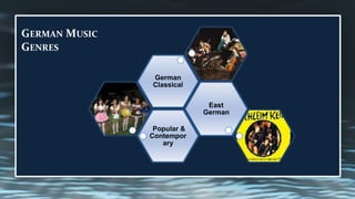 GERMAN MUSIC
GENRES

               German
               Classical

                             East
                            German

                Popular &
               Contempor
                  ary
 