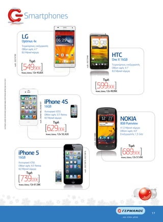 Smartphones

                                                                                                 LG
                                                                                                 Optimus 4x
                                                                                                 Τετραπύρηνος επεξεργαστής
                                                                                                 Οθόνη αφής 4.7"
                                                                                                 8,0 Mpixel κάµερα
                                                                                                                                                                                                                                                         HTC
                                                                             κωδ.: 20274799




                                                                                                                                                                                                            κωδ.: 20272948
                                                                                                          Tιµή                                                                                                                                           One X 16GB

                                                                                                [549,90€]
                                                                                                 'Aτοκες ∆όσεις: 12χ 45,82€
                                                                                                                                                                                                                                                         Τετραπύρηνος επεξεργαστής
                                                                                                                                                                                                                                                         Οθόνη αφής 4.7"
                                                                                                                                                                                                                                                         8,0 Mpixel κάµερα


                                                                                                                                                                                                                                               Tιµή
ΟΙ ΑΤΟΚΕΣ ∆ΟΣΕΙΣ ΙΣΧΥΟΥΝ ΜΕ ΕΞΟΦΛΗΣΗ ΜΑΣΩ ΠΙΣΤΩΤΙΚΗΣ ΚΑΡΤΑΣ ΕΩΣ 07/01/2013




                                                                                                                                                                                                                                  [599,90€]
                                                                                                                                                                                                                                      'Aτοκες ∆όσεις: 12χ 49,99€




                                                                                                                                                 iPhone 4S
                                                                                                                      κωδ.: 20266186, 20266187




                                                                                                                                                 16GB
                                                                                                                                                 Λειτουργικό iOS5
                                                                                                                                                 Οθόνη αφής 3.5" Retina
                                                                                                                                                 8,0 Mpixel κάµερα
                                                                                                                                                            Tιµή
                                                                                                                                                                                                                                                                   NOKIA
                                                                                                                                                                                                                                                                   808 Pureview
                                                                                                                                                 [629,00€]          12χ 52,42€
                                                                                                                                                                                                                                                                   41,0 Mpixel κάµερα
                                                                                                                                                                                                                                                                   Οθόνη αφής 4.0"
                                                                                                                                                                                                                                                                   Επεξεργαστής 1,3 GHz
                                                                                                                                                                                                                             κωδ.: 20271089




                                                                                                                                                  'Aτοκες ∆όσεις:




                                                                                                                                                                                                                                                                           Tιµή

                                                                                              iPhone 5                                                                                                                                                             [689,90€]
                                                                                                                                                                                 κωδ.: 20273873, 20273876




                                                                                              16GB                                                                                                                                                                 'Aτοκες ∆όσεις: 12χ 57,49€

                                                                                              Λειτουργικό iOS6
                                                                                              Οθόνη αφής 4.0" Retina
                                                                                              8,0 Mpixel κάµερα
                                                                                                       Tιµή

                                                                                              [739,00€]
                                                                                              'Aτοκες ∆όσεις: 12χ 61,58€




                                                                                                                                                                                                                                                                                                17
 