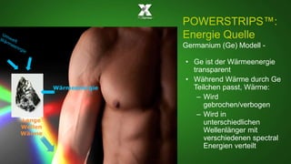 POWERSTRIPS™: 
Energie Quelle 
Germanium (Ge) Modell - 
• Ge ist der Wärmeenergie 
transparent 
• Während Wärme durch Ge 
Teilchen passt, Wärme: 
– Wird 
gebrochen/verbogen 
– Wird in 
unterschiedlichen 
Wellenlänger mit 
verschiedenen spectral 
Energien verteilt 
Wärmeenergie 
Lange 
Wellen 
Wärme 
 