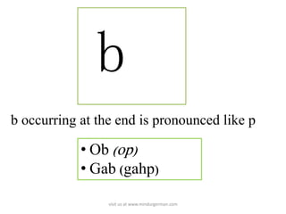 b
b occurring at the end is pronounced like p
• Ob (op)
• Gab (gahp)
visit us at www.mindurgerman.com
 