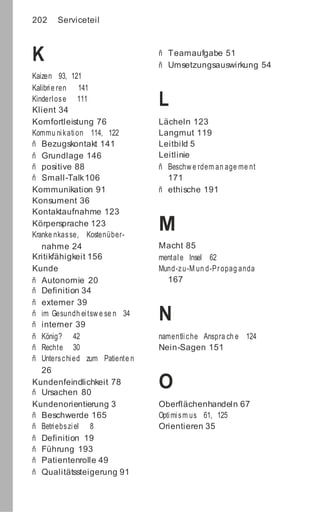 202 Serviceteil
K
Kaizen 93, 121
Kalibrie ren 141
Kinderlose 111
Klient 34
Komfortleistung 76
Kommu nikation 114, 122
ñ Bezugskontakt 141
ñ Grundlage 146
ñ positive 88
ñ Small-Talk106
Kommunikation 91
Konsument 36
Kontaktaufnahme 123
Körpersprache 123
Kranke nkasse, Kostenüber-
nahme 24
Kritikfähigkeit 156
Kunde
ñ Autonomie 20
ñ Definition 34
ñ externer 39
ñ im Gesundh eitsw e se n 34
ñ interner 39
ñ König? 42
ñ Rechte 30
ñ Unterschied zum Patiente n
26
Kundenfeindlichkeit 78
ñ Ursachen 80
Kundenorientierung 3
ñ Beschwerde 165
ñ Betriebsziel 8
ñ Definition 19
ñ Führung 193
ñ Patientenrolle 49
ñ Qualitätssteigerung 91
ñ Teamaufgabe 51
ñ Umsetzungsauswirkung 54
L
Lächeln 123
Langmut 119
Leitbild 5
Leitlinie
ñ Beschw e rdem an age me nt
171
ñ ethische 191
M
Macht 85
mentale Insel 62
Mund-zu-M un d-Propag anda
167
N
namentliche Anspra ch e 124
Nein-Sagen 151
O
Oberflächenhandeln 67
Optimism us 61, 125
Orientieren 35
 
