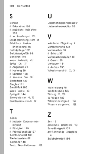 204 Serviceteil
S
Schutz
ñ Eskalation 160
ñ persö nliche Maßn ahm e
153
ñ vor Anmaßu nge n 151
Selbstb estim m u ngsrecht 31
Selbstcheck, Kunden-
orientierung 16
Selbstpflege 162
Selbstwertgefühl 63
Senioren 110
servant leadership 45
Service 126, 137
ñ Angebote 71
ñ Haltung 90
ñ Sprache 128
ñ visionäres Paket 38
Sicherheit 129
Singles 111
Small-Talk106
soziale Identität 83
Spiegeln 144
Stamm patie nten 40, 70
Stanislaw ski-M eth ode 67
T
Team
ñ Aaufgabe Kundenorientie-
rung 51
ñ Fähigkeit 129
ñ Professionalität 137
Telefonkontakt 130
Tiefenhandeln 67
Toleranz 148
Trends, Gesundheitsw esen 108
U
Unternehmensinteresse 91
Unternehmenskultur 52
V
verän derter Pflegealltag 4
Verantwortung 131
Verbraucher 36
ñ Schutz 36
Verbraucherschutz 110
ñ Gesetz 30
Vertrauen 131
ñ Aufbau 135
Vollkasko m entalität 33, 38
W
Wahlleistung 75
Weiterbildung 130
Werb ung 22, 136
W-Fragen 183
Widerstan dsfä higkeit 156
Wissensm ana gem ent 139
Z
Zeit 131
Zielsetzung, persönlich e 153
Zuverlässigkeit 132
zuvorkom m en de Angestellte
6
Zwiebelmodell 156
 