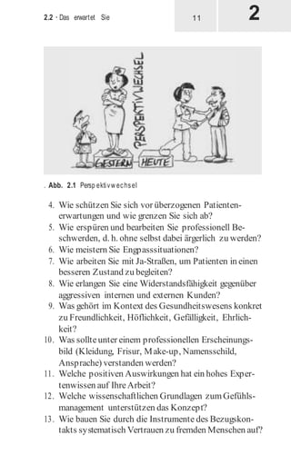 2.2 · Das erwartet Sie
. Abb. 2.1 Persp ektivw echsel
4. Wie schützen Sie sich vor überzogenen Patienten-
erwartungen und wie grenzen Sie sich ab?
5. Wie erspüren und bearbeiten Sie professionell Be-
schwerden, d. h. ohne selbst dabei ärgerlich zu werden?
6. Wie meistern Sie Engpasssituationen?
7. Wie arbeiten Sie mit Ja-Straßen, um Patienten in einen
besseren Zustand zu begleiten?
8. Wie erlangen Sie eine Widerstandsfähigkeit gegenüber
aggressiven internen und externen Kunden?
9. Was gehört im Kontext des Gesundheitswesens konkret
zu Freundlichkeit, Höflichkeit, Gefälligkeit, Ehrlich-
keit?
10. Was sollteunter einem professionellen Erscheinungs-
bild (Kleidung, Frisur, Make-up, Namensschild,
Ansprache) verstanden werden?
11. Welche positiven Auswirkungen hat ein hohes Exper-
tenwissen auf IhreArbeit?
12. Welche wissenschaftlichen Grundlagen zumGefühls-
management unterstützen das Konzept?
13. Wie bauen Sie durch die Instrumente des Bezugskon-
takts systematisch Vertrauen zu fremden Menschen auf?
11
 