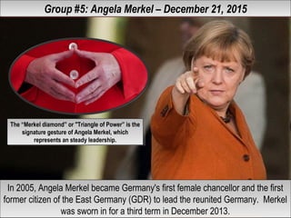 Group #5: Angela Merkel – December 21, 2015Group #5: Angela Merkel – December 21, 2015
In 2005, Angela Merkel became Germany's first female chancellor and the first
former citizen of the East Germany (GDR) to lead the reunited Germany. Merkel
was sworn in for a third term in December 2013.
In 2005, Angela Merkel became Germany's first female chancellor and the first
former citizen of the East Germany (GDR) to lead the reunited Germany. Merkel
was sworn in for a third term in December 2013.
The “Merkel diamond” or "Triangle of Power” is the
signature gesture of Angela Merkel, which
represents an steady leadership.
The “Merkel diamond” or "Triangle of Power” is the
signature gesture of Angela Merkel, which
represents an steady leadership.
 
