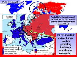 The Cold War World!The Cold War World!
The “Iron Curtain”
divides Europe
into two
competing
ideologies;
capitalism vs
communism!
The “Iron Curtain”
divides Europe
into two
competing
ideologies;
capitalism vs
communism!
The Cold War divides the world!
NATO and Warsaw Pact: Alliance
systems of democratic West and
communist East.
The Cold War divides the world!
NATO and Warsaw Pact: Alliance
systems of democratic West and
communist East.
QUICK RECAP!QUICK RECAP!
 