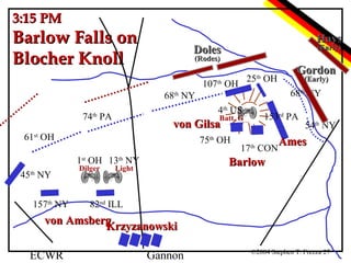 3:15 PM

Barlow Falls on
Blocher Knoll

Hays

Doles

(Early)

(Rodes)

25 OH
th

107th OH
4th US

74 PA

Batt. G

von Gilsa

61st OH

75th OH
1st OH 13th NY

45th NY
157th NY

Dilger

(Early)

68th NY

68th NY
th

Gordon

153rd PA

17th CON

54th NY

Ames

Barlow

Light

82nd ILL

von Amsberg
Krzyzanowski
ECWR

Gannon

©2004 Stephen T. Frezza 27

 