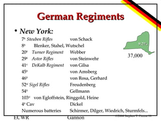 German Regiments
• New York:
7th Steuben Rifles
von Schack
9.2%
8th
Blenker, Stahel, Wutschel
20th Turner Regiment Webber
37,000
th
29 Astor Rifles
von Steinwehr
41st DeKalb Regiment von Gilsa
45th
von Amsberg
46th
von Rosa, Gerhard
52nd Sigel Rifles
Freudenberg
54th
Gellmann
103rd von Egloffstein, Ringgold, Heine
4th Cav
Dickel
Numerous batteries
Schirmer, Dilger, Wiedrich, Sturmfels...

ECWR

Gannon

©2004 Stephen T. Frezza 10

 
