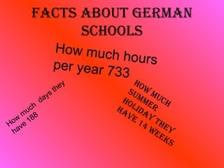 Facts about German schools How much hours per year 733 How much  days they have 188 How much summer holiday they have 14 weeks 