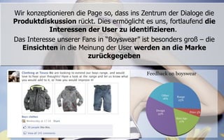 Wir konzeptionieren die Page so, dass ins Zentrum der Dialoge die
Produktdiskussion rückt. Dies ermöglicht es uns, fortlaufend die
           Interessen der User zu identifizieren.
Das Interesse unserer Fans in “Boyswear” ist besonders groß – die
  Einsichten in die Meinung der User werden an die Marke
                        zurückgegeben
 