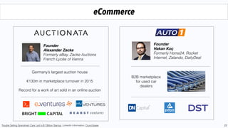 22
Incubated startups, management equity participation
Incubator
50%
New Investors
30%
Management
20%
A Letter to German Entrepreneurs, Index Ventures
“
”
In some cases, part of the 2nd round of
funding is used to pay for services
A startling number of German startups that we have spoken
to have ownership structures which put them at a real
disadvantage when raising their ﬁrst venture round. In many
cases we have observed, the founders have given away too
much equity to their ﬁrst investors - typically angels and
family ofﬁces, who have little experience with the fast-
growing startups or the venture capital funding model.
‘Incubated’ companies allocate a relatively
small equity stake to management teams
EXAMPLE SEED STAGE INCUBATOR CAP TABLE
 