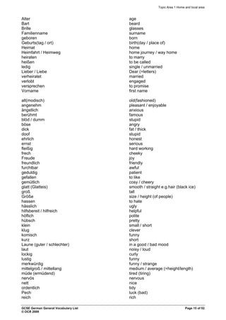 Topic Area 1 Home and local area
Alter age
Bart beard
Brille glasses
Familienname surname
geboren born
Geburts(tag / ort) birth(day / place of)
Heimat home
Heimfahrt / Heimweg home journey / way home
heiraten to marry
heißen to be called
ledig single / unmarried
Lieber / Liebe Dear (=letters)
verheiratet married
verlobt engaged
versprechen to promise
Vorname first name
alt(modisch) old(fashioned)
angenehm pleasant / enjoyable
ängstlich anxious
berühmt famous
blöd / dumm stupid
böse angry
dick fat / thick
doof stupid
ehrlich honest
ernst serious
fleißig hard working
frech cheeky
Freude joy
freundlich friendly
furchtbar awful
geduldig patient
gefallen to like
gemütlich cosy / cheery
glatt (Glatteis) smooth / straight e.g.hair (black ice)
groß tall
Größe size / height (of people)
hassen to hate
hässlich ugly
hilfsbereit / hilfreich helpful
höflich polite
hübsch pretty
klein small / short
klug clever
komisch funny
kurz short
Laune (guter / schlechter) in a good / bad mood
laut noisy / loud
lockig curly
lustig funny
merkwürdig funny / strange
mittelgroß / mittellang medium / average (=height/length)
müde (ermüdend) tired (tiring)
nervös nervous
nett nice
ordentlich tidy
Pech luck (bad)
reich rich
GCSE German General Vocabulary List Page 15 of 52
© OCR 2009
 