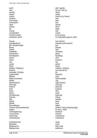 Topic Area 1 Home and local area
sanft soft / gentle
satt full up / fed up
sauber clean
scharf sharp
schick smart (e.g. dress)
schlank slim
schmutzig dirty
schüchtern shy
stark strong
streng strict
tot dead
traurig sad
unordentlich untidy
Unrecht haben to be wrong
verstehen (sich) to understand (get on with)
Anzug suit (men's)
Armband(uhr) bracelet (wrist watch)
BH / Büstenhalter bra
Bluse blouse
Gürtel belt
Halskette necklace
Handschuh glove
Handtasche handbag
Hemd shirt
Hose trousers
Hut hat
Jacke jacket
Kleid dress
Kleider / Kleidung clothes / clothing
Kostüm suit (women's)
Krawatte / Schlips tie
Lippe(nstift) lip(stick)
Mantel coat
Mode (modisch) fashion(able)
Mütze cap
Nacht(hemd) night (dress)
Ohrringe earrings
Parfüm perfume
Pulli pullover
Rock skirt
Schal scarf
Schlafanzug pyjamas
Schuhe shoes
Slip panties
Socke sock
Stiefel boot
Strumpfhose tights
Tasche (Einkaufstasche) pocket / bag (shopping bag)
tragen to carry / wear
Trainingsanzug tracksuit
Turnschuhe trainers
Unterhose underpants
Unterwäsche underwear
Arbeitszimmer study
Backofen oven
Badewanne bath (tub)
Badezimmer bathroom
Page 16 of 52 GCSE German General Vocabulary List
© OCR 2009
 