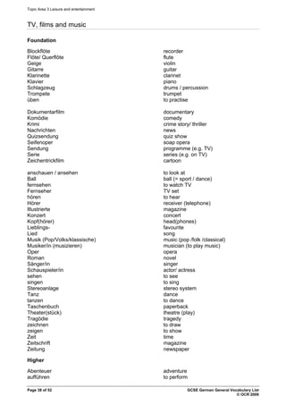 Topic Area 3 Leisure and entertainment
TV, films and music
Foundation
Blockflöte recorder
Flöte/ Querflöte flute
Geige violin
Gitarre guitar
Klarinette clarinet
Klavier piano
Schlagzeug drums / percussion
Trompete trumpet
üben to practise
Dokumentarfilm documentary
Komödie comedy
Krimi crime story/ thriller
Nachrichten news
Quizsendung quiz show
Seifenoper soap opera
Sendung programme (e.g. TV)
Serie series (e.g. on TV)
Zeichentrickfilm cartoon
anschauen / ansehen to look at
Ball ball (= sport / dance)
fernsehen to watch TV
Fernseher TV set
hören to hear
Hörer receiver (telephone)
Illustrierte magazine
Konzert concert
Kopf(hörer) head(phones)
Lieblings- favourite
Lied song
Musik (Pop/Volks/klassische) music (pop /folk /classical)
Musiker/in (musizieren) musician (to play music)
Oper opera
Roman novel
Sänger/in singer
Schauspieler/in actor/ actress
sehen to see
singen to sing
Stereoanlage stereo system
Tanz dance
tanzen to dance
Taschenbuch paperback
Theater(stück) theatre (play)
Tragödie tragedy
zeichnen to draw
zeigen to show
Zeit time
Zeitschrift magazine
Zeitung newspaper
Higher
Abenteuer adventure
aufführen to perform
Page 38 of 52 GCSE German General Vocabulary List
© OCR 2009
 