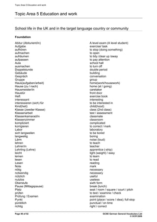 Topic Area 5 Education and work
Topic Area 5 Education and work
School life in the UK and in the target language country or community
Foundation
Abitur (Abiturient/in) A level exam (A level student)
Aufgabe exercise/ task
aufhören to stop (doing something)
aufmachen to open
aufräumen to tidy /clear up /away
aufpassen to pay attention
Aula school hall
ausmachen to turn off
Doppelstunde double period
Gebäude building
Gespräch conversation
Gruppe group
Haus(aufgaben/arbeit) home(work/housework)
Hause (zu / nach) home (at / going)
Hausmeister/in caretaker
Haustür front door
Heft exercise book
interessant interesting
interessieren (sich) für to be interested in
Kind(heit) child(hood)
Klasse (zweiter Klasse) class (2nd class)
Klassenarbeit test / assessment
Klassenkamarad/in classmate
Klassenzimmer classroom
kompliziert complicated
korrigieren to correct / mark
Labor laboratory
sich langweilen to be bored
langweilig boring
Lärm noise (loud)
lehren to teach
Lehrer/in teacher
Lehrling (Lehre) apprentice (-ship)
leicht light (weight) / easy
lernen to learn
lesen to read
Lesen reading
Note mark
nötig necessary
notwendig necessary
nützlich useful
nutzlos useless
Oberstufe sixth form
Pause (Mittagspause) break (lunch)
Platz seat / room / square / court / pitch
prüfen to test / examine / check
Prüfung / Examen examination
Punkt point (place / score / idea); full stop
pünktlich punctual / on time
richtig right / correct
Page 48 of 52 GCSE German General Vocabulary List
© OCR 2009
 