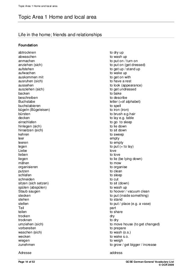 German vocabulary list