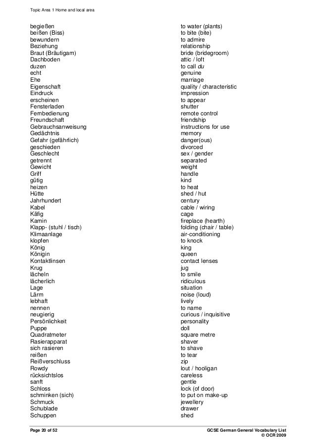 German Vocabulary List