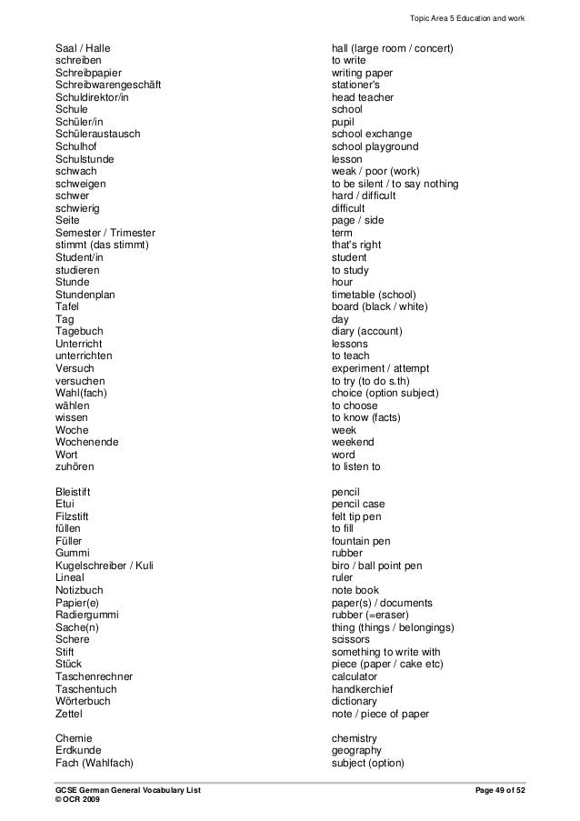 German vocabulary list