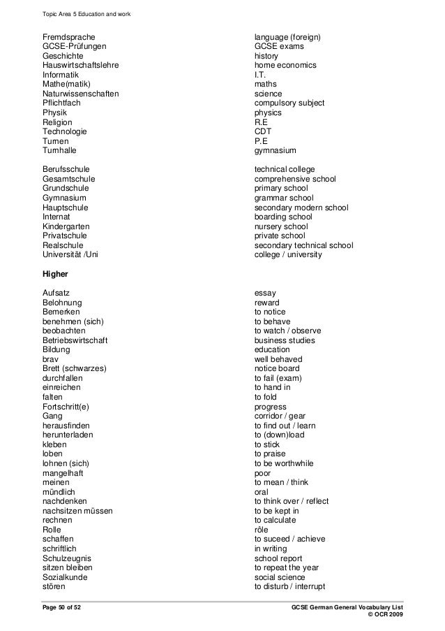 German Vocabulary List