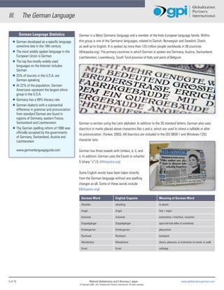 III.         The German Language

           German Language Statistics          German is a West Germanic language and a member of the Indo-European language family. Within
   Ì German developed as a specific language   this group is one of the Germanic languages, related to Danish, Norwegian and Swedish, Dutch,
     sometime late in the 19th century         as well as to English. It is spoken by more than 120 million people worldwide in 38 countries.
   Ì The most widely spoken language in the    (Wikipedia.org). The primary countries in which German is spoken are Germany, Austria, Switzerland,
     European Union is German                  Liechtenstein, Luxembourg, South Tyrol province of Italy and parts of Belgium.
   Ì The top five mostly widely used
     languages on the Internet includes
     German
   Ì 25% of tourists in the U.S.A. are
     German-speaking
   Ì At 22% of the population, German-
     Americans represent the largest ethnic
     group in the U.S.A.
   Ì Germany has a 99% literacy rate
   Ì German dialects with a substantial
     difference in grammar and pronunciation
     from standard German are found in
     regions of Germany, eastern France,
     Switzerland and Liechtenstein             German is written using the Latin alphabet. In addition to the 26 standard letters, German also uses
   Ì The German spelling reform of 1996 was    diacritics or marks placed above characters like o and a, which are used to stress a syllable or alter
     officially accepted by the governments    its pronunciation. (Yunker, 2003). All diacritics are included in the ISO 8859-1 and Windows 1252
     of Germany, Switzerland, Austria and
     Liechtenstein                             character sets.

          www.germanlanguageguide.com          German has three vowels with Umlaut, ä, ö, and
                                               ü. In addition, German uses the Eszett or scharfes
                                               S (sharp “s”) ß. (Wikipedia.org)


                                               Some English words have been taken directly
                                               from the German language without any spelling
                                               changes at all. Some of these words include
                                               (Wikipedia.org):

                                                 German Word                                English Cognate                         Meaning of German Word
                                                 Abseilen                                   abseiling                               to abseil

                                                 Angst                                      Angst                                   fear / angst

                                                 Automat                                    Automat                                 automation / machine / automat

                                                 Doppelgänger                               Doppelgänger                            spectral look-alike of somebody

                                                 Kindergarten                               Kindergarten                            playschool

                                                 Rucksack                                   Rucksack                                backpack

                                                 Wanderlust                                 Wanderlust                              desire, pleasure, or inclination to travel, or walk

                                                 Kraut                                      Kraut                                   cabbage




5 of 15                                                    Website Globalization and E-Business | Japan                                                  www.globalizationpartners.com
                                               © Copyright 2008 - 2012 Globalization Partners International. All rights reserved.
 