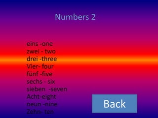 eins -one
zwei - two
drei -three
Vier- four
fünf -five
sechs - six
sieben -seven
Acht-eight
neun -nine      Back
Zehn- ten
 