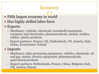 Economy
 Fifth largest economy in world
 Has highly skilled labor force
 Exports
 Machinery, vehicles, chemicals, household equipment,
computer and electronics, pharmaceuticals, metals, textiles,
rubber, plastic products
 Export partners: France, UK, Netherlands, US, Austria, Italy,
China, Switzerland, Poland
 Imports
 Machinery, data processing equipment, vehicles, chemicals, oil
and gas, metals, electric equipment, pharmaceuticals,
agricultural products
 Import partners: Netherlands, France, China, Belgium, Italy,
UK, Austria, Russia

 