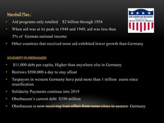 Marshall Plan :
• Aid programs only totalled $2 billion through 1954
• When aid was at its peak in 1948 and 1949, aid was less than
5% of German national income
• Other countries that received more aid exhibited lower growth than Germany
SOLIDARITY IN OBERHAUSEN
• $11,000 debt per capita, Higher than anywhere else in Germany
• Borrows $500,000 a day to stay afloat
• Taxpayers in western Germany have paid more than 1 trillion euros since
reunification
• Solidarity Payments continue into 2019
• Oberhausen’s current debt $350 million
• Oberhausen is now receiving loan offers from some cities in eastern Germany
 