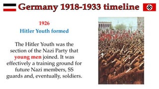1926
Hitler Youth formed
The Hitler Youth was the
section of the Nazi Party that
young men joined. It was
effectively a training ground for
future Nazi members, SS
guards and, eventually, soldiers.
 